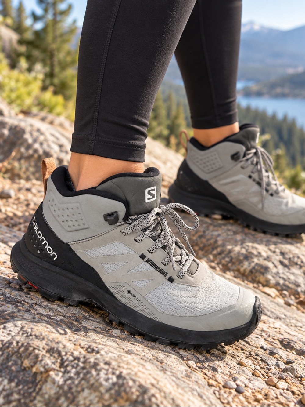 Salomon Women's Light Gray and Black Lace-Up Hiking Boots